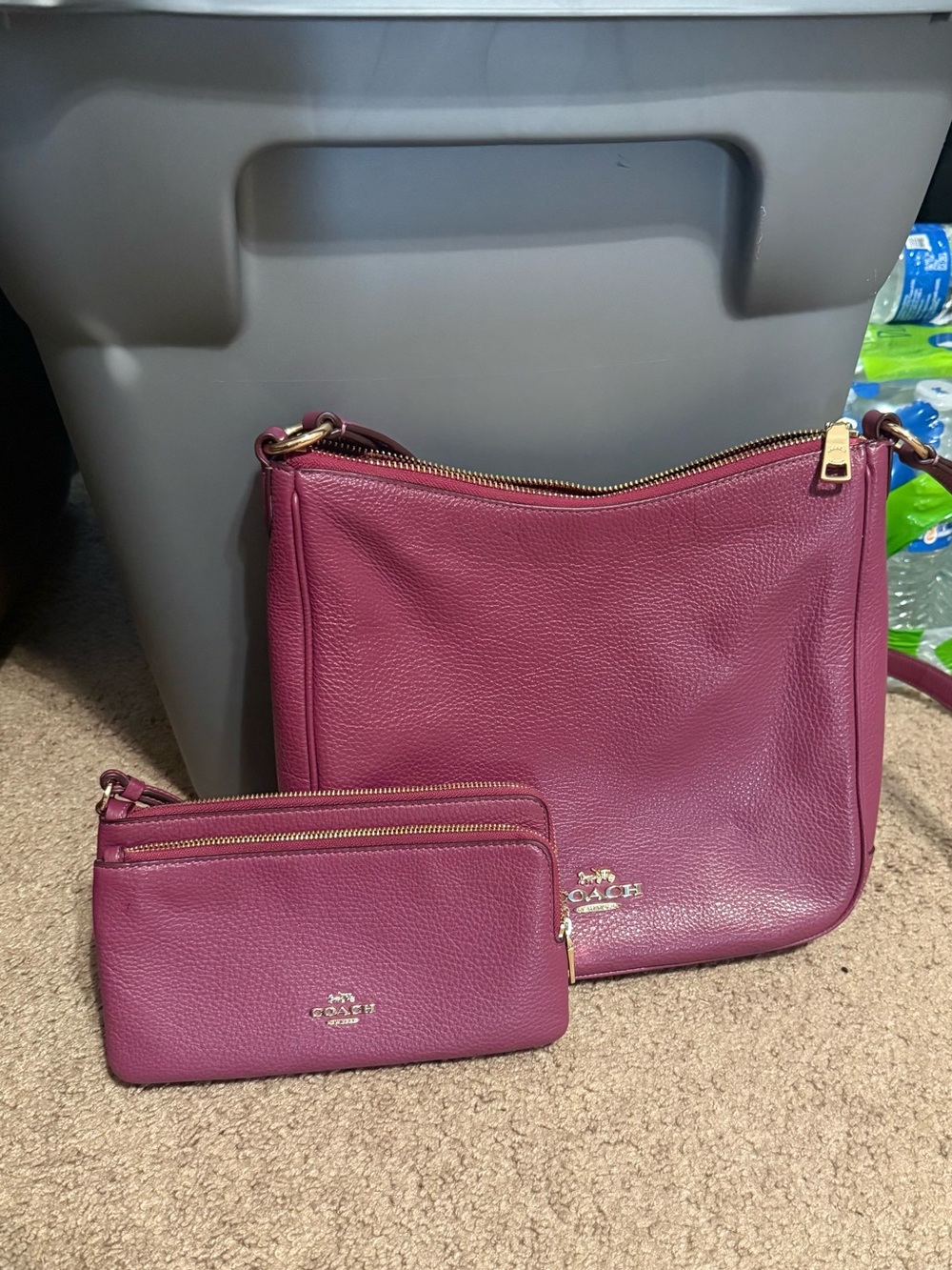 Coach Pebble Leather Shoulder Bag and Wristlet - Berry